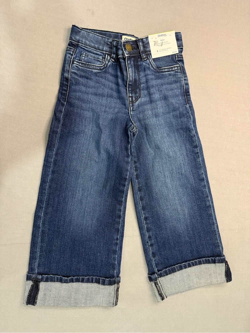 OshKosh B'gosh Girls Wide-Leg Denim Jeans Size 4 Medium Wash Cuffed Hem